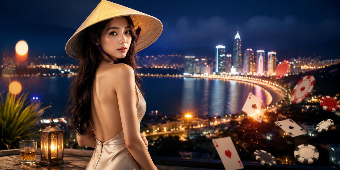 Người phụ nữ đội nón lá chơi bài và xem voucher trực tuyến tại Đà Nẵng